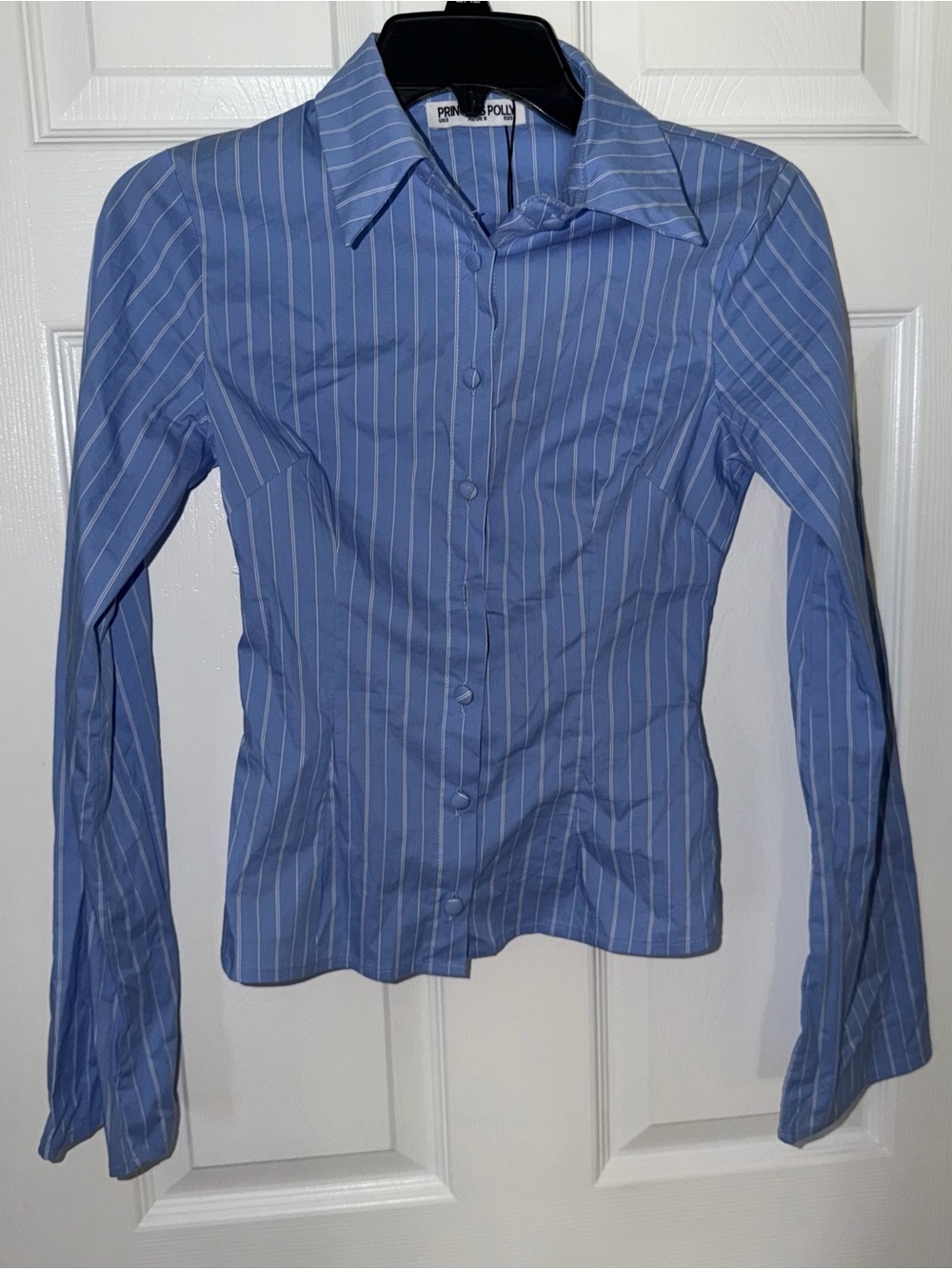 Princess Polly Blue Pinstripe Fitted Button-Down Blouse